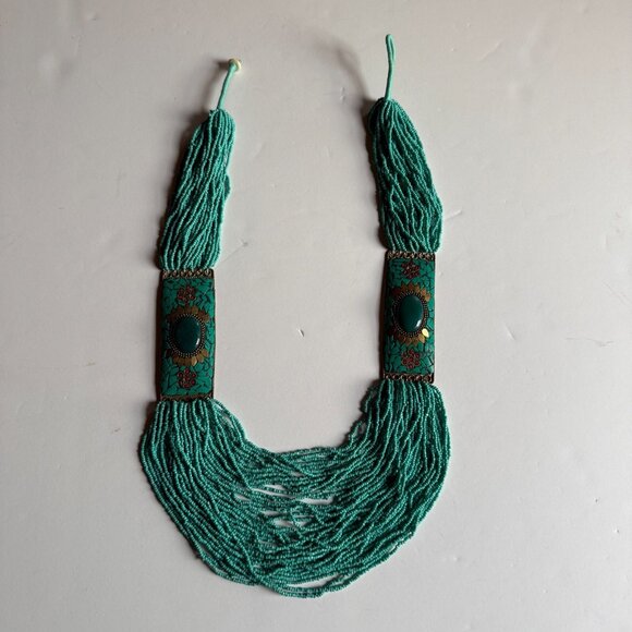 Boho Jewelry - Handmade Beaded Statement Necklace – Teal & Brass Floral Inlay – Boho Style